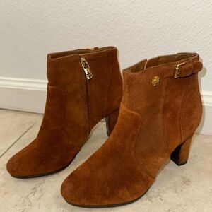 Tory Burch Chestnut Brown Suede Ankle Booties with Gold Accents